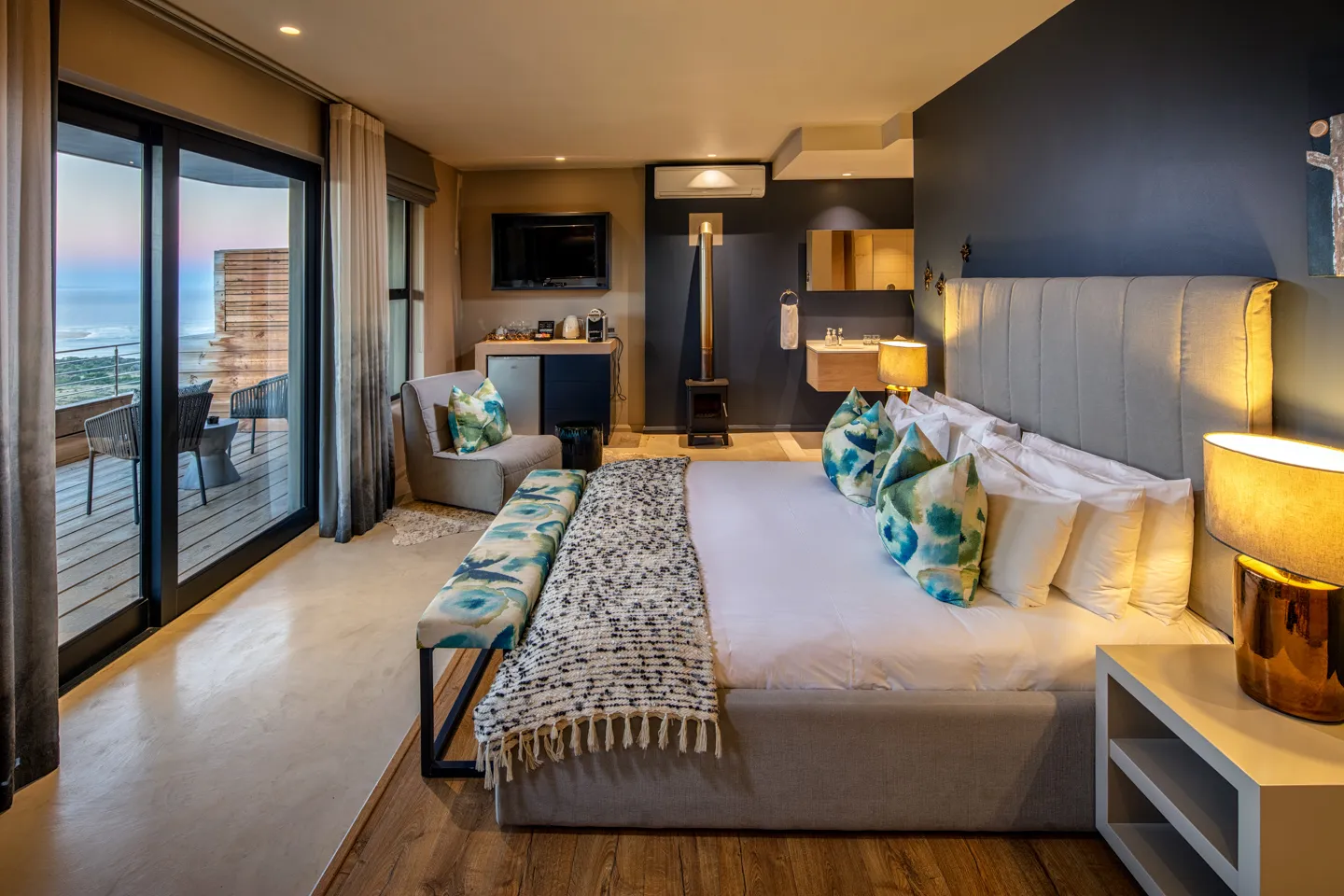 Honeymoon Suite at Sky Villa with ocean views and fireplace